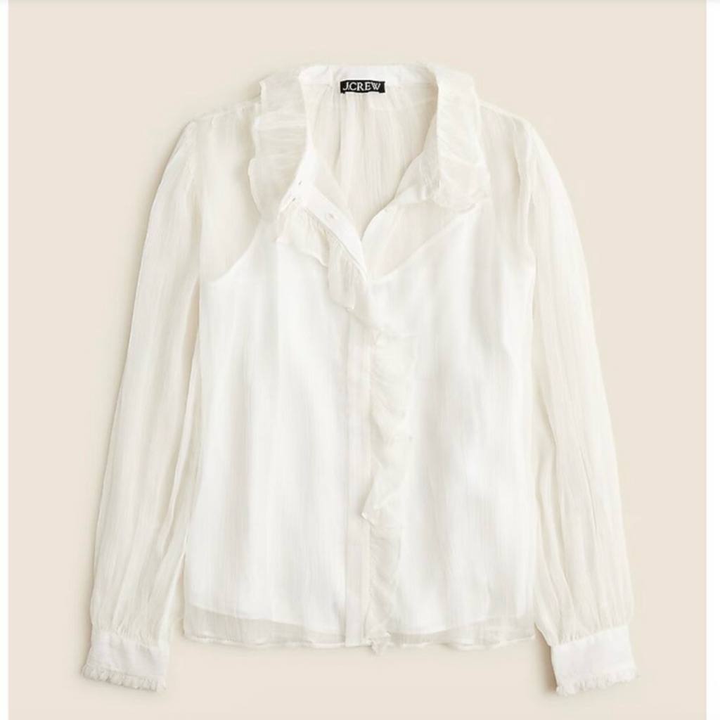 Nwt J. Crew Ruffle Button-Up Shirt Crinkle Chiffon White Cream